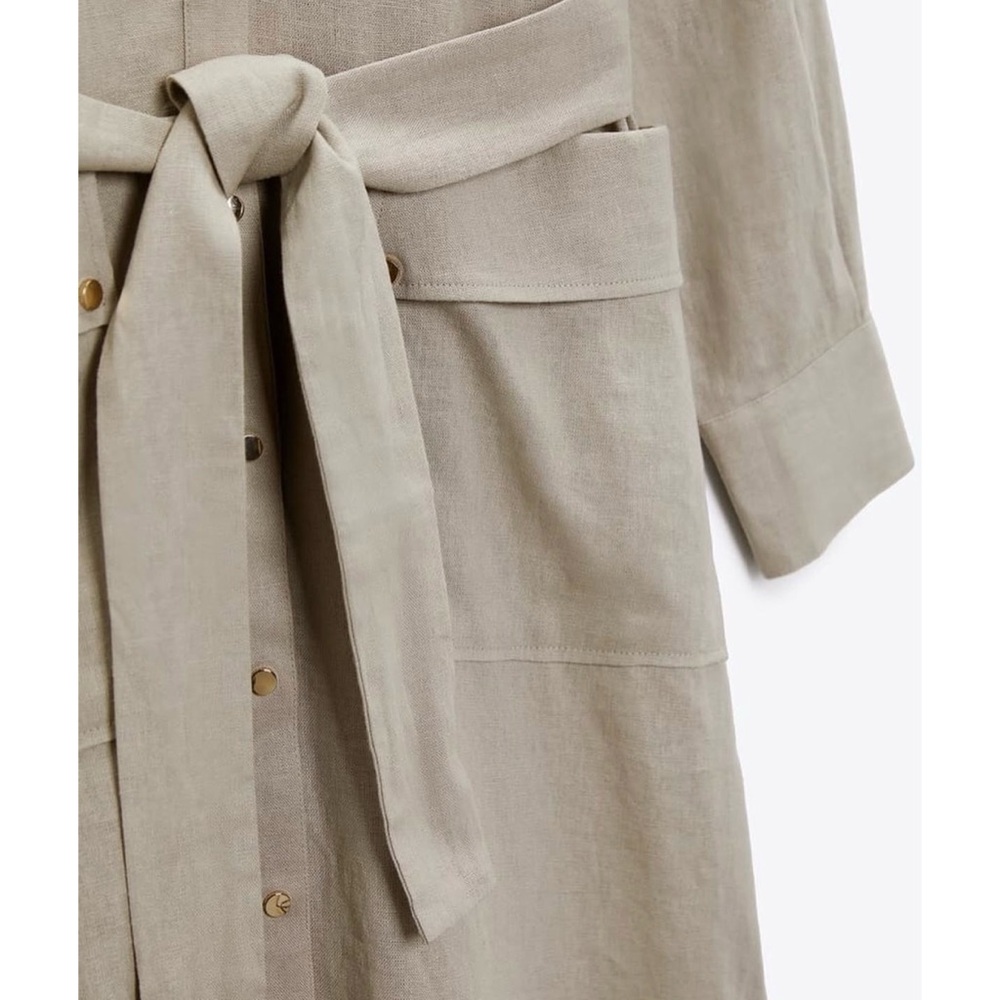 NWT Zara Linen Blend Long Sleeve Gold Buttondown Shirt  Khaki Tan Midi Dress M - Picture 11 of 14